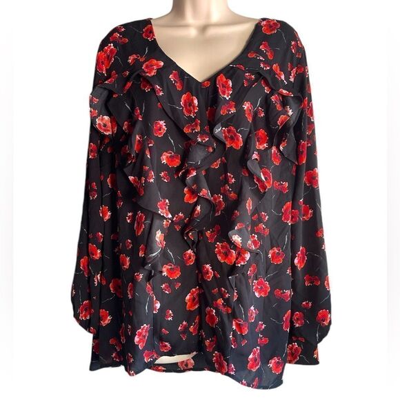 NY Collection Holiday Black Red Floral 1X Long elastic sleeve Poppy Pullover - Picture 1 of 5
